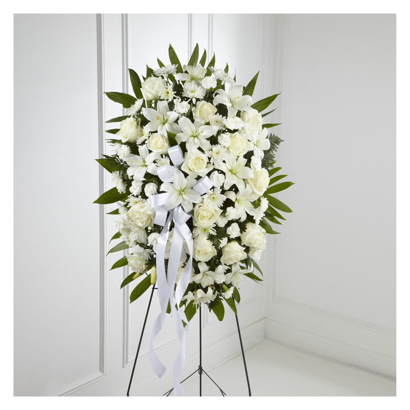 Exquisito Tribute Standing Spray-White Ribbon arrangement option 2