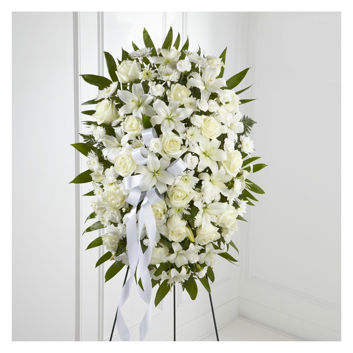 Exquisito Tribute Standing Spray-White Ribbon arrangement option 3
