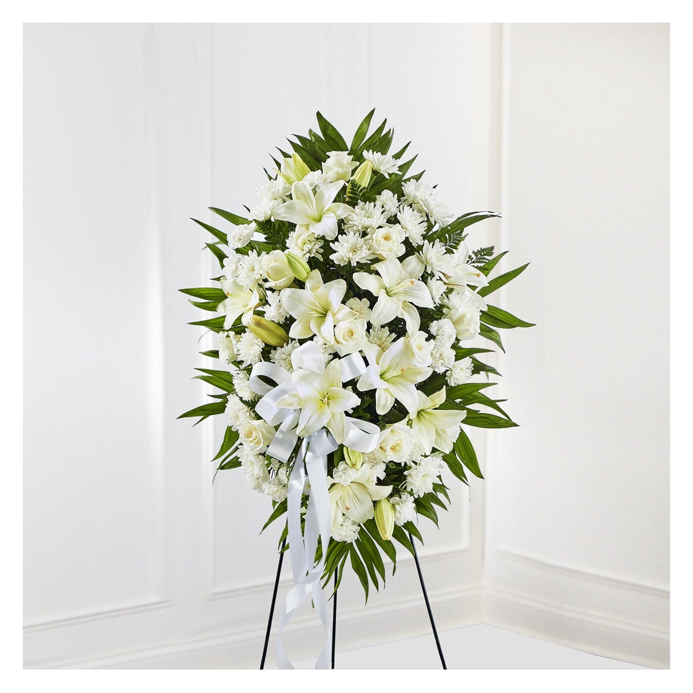 Exquisito Tribute Standing Spray-White Ribbon arrangement option 4