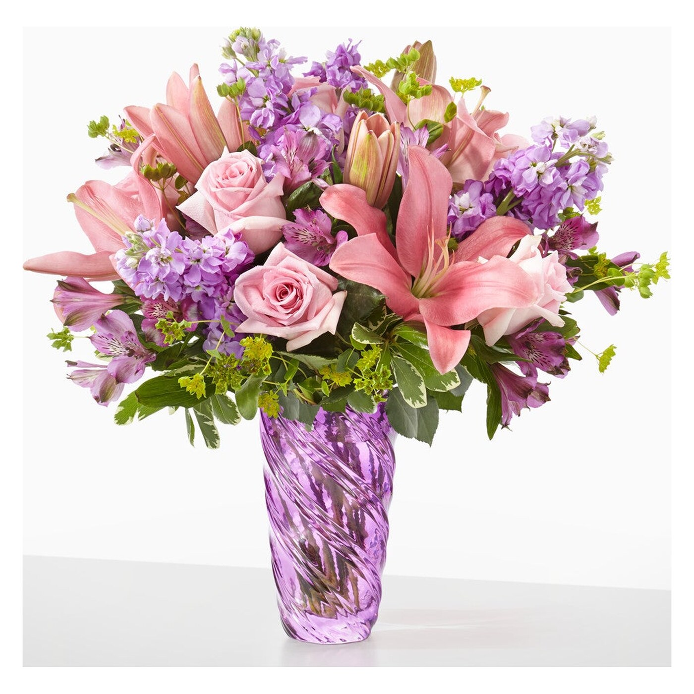 Precious Petals Bouquet with Luxe Swirl Vase flower arrangement