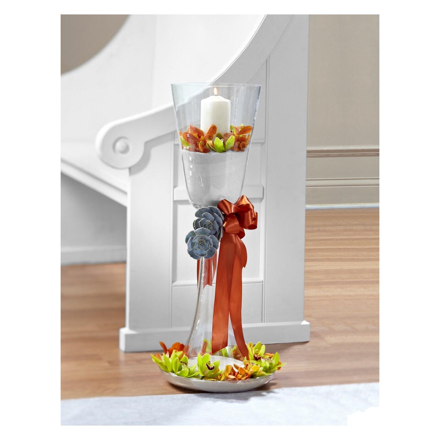Matrimony Pew Decor flower arrangement